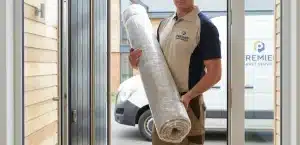 Επαγγελματίας διανομέας παραδίδει συσκευασμένο και καθαρό χαλί στην πόρτα του πελάτη.