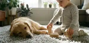 Μικρό παιδί και σκύλος παίζουν με ασφάλεια πάνω σε καθαρό χαλί μετά από βιολογικό καθαρισμό χωρίς χημικά κατάλοιπα.